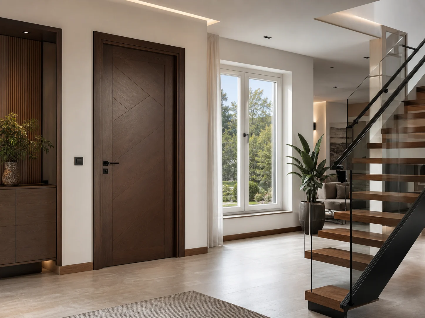 Modern iç kapı, PVC pencere ve cam küpeşte uygulaması